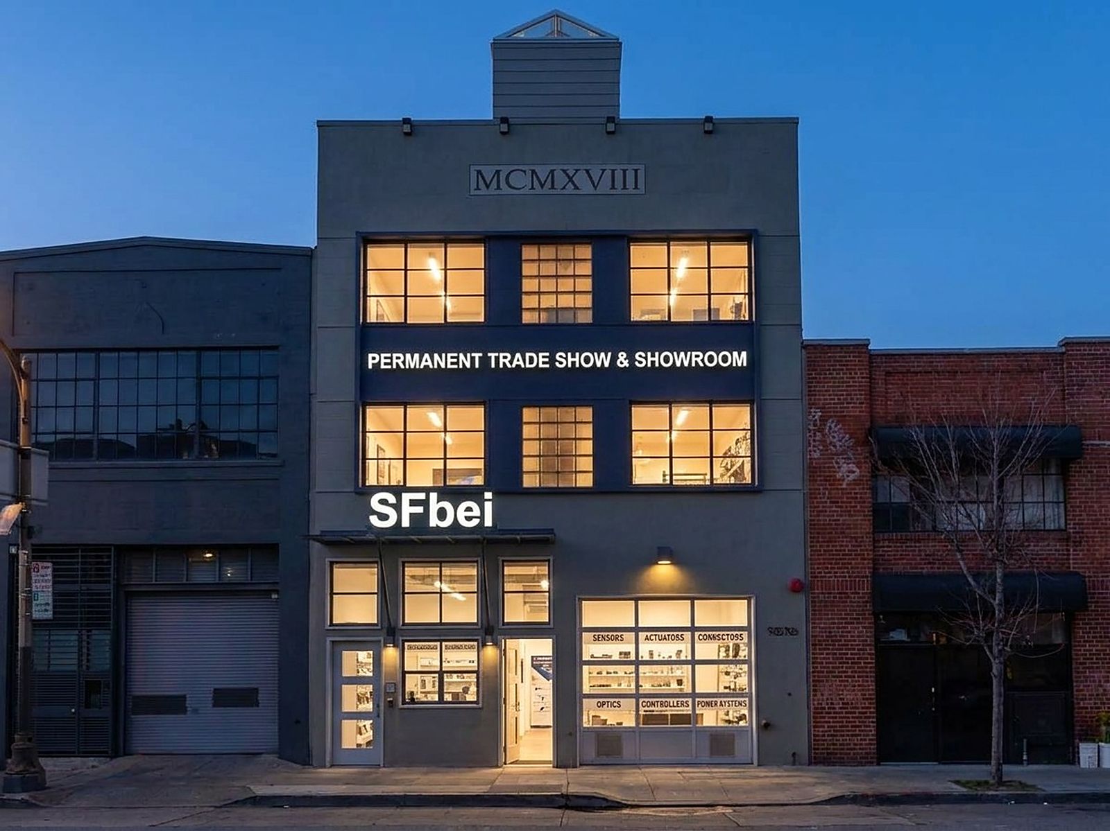 The SFbei building at dusk with lit display windows