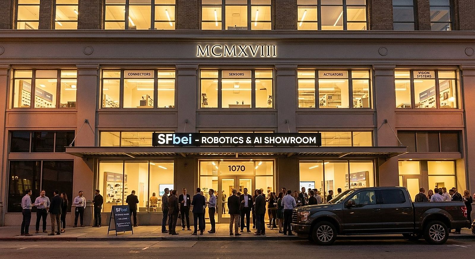 Guests arriving at an evening opening on Bryant Street