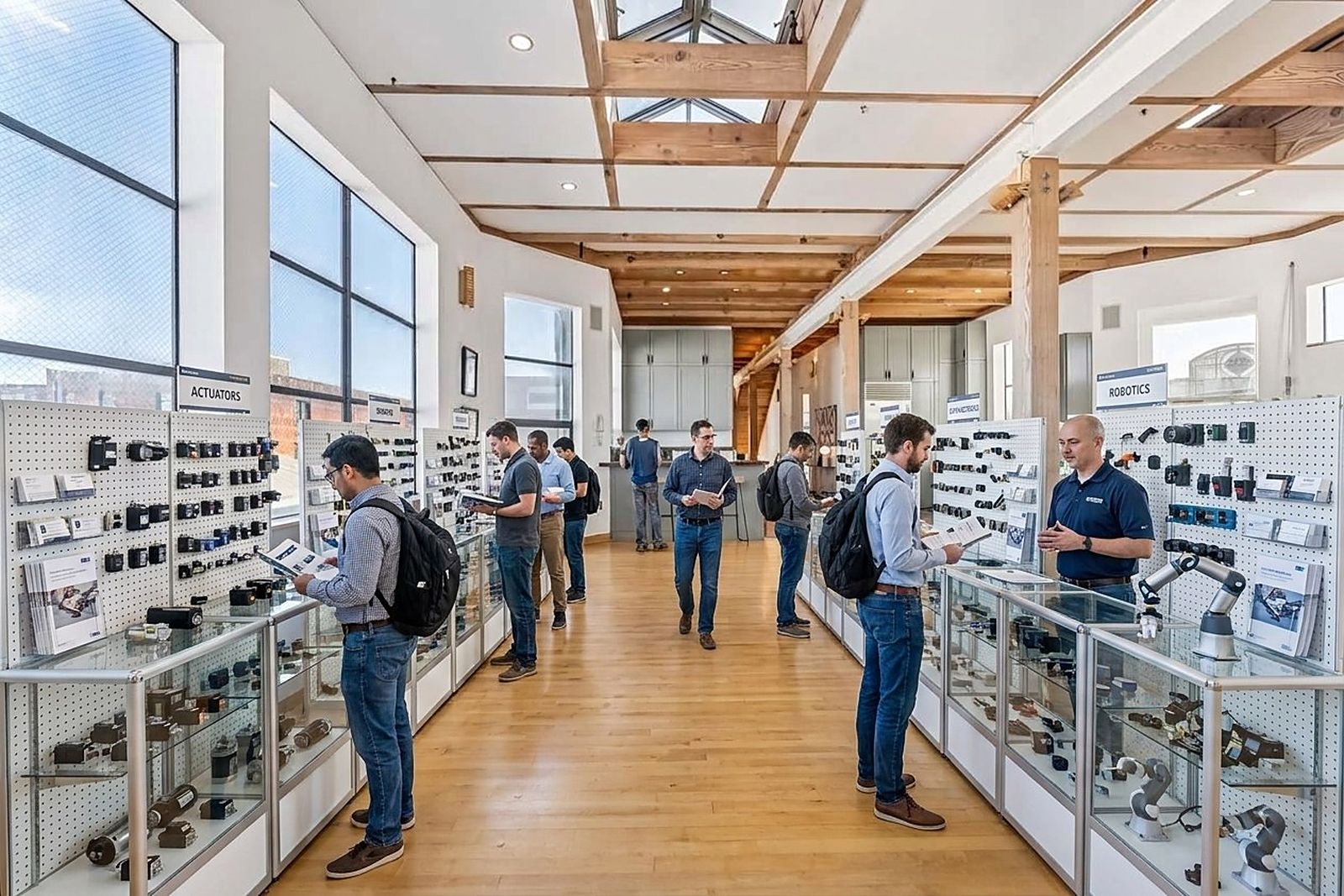 A crowd of buyers under heavy timber beams