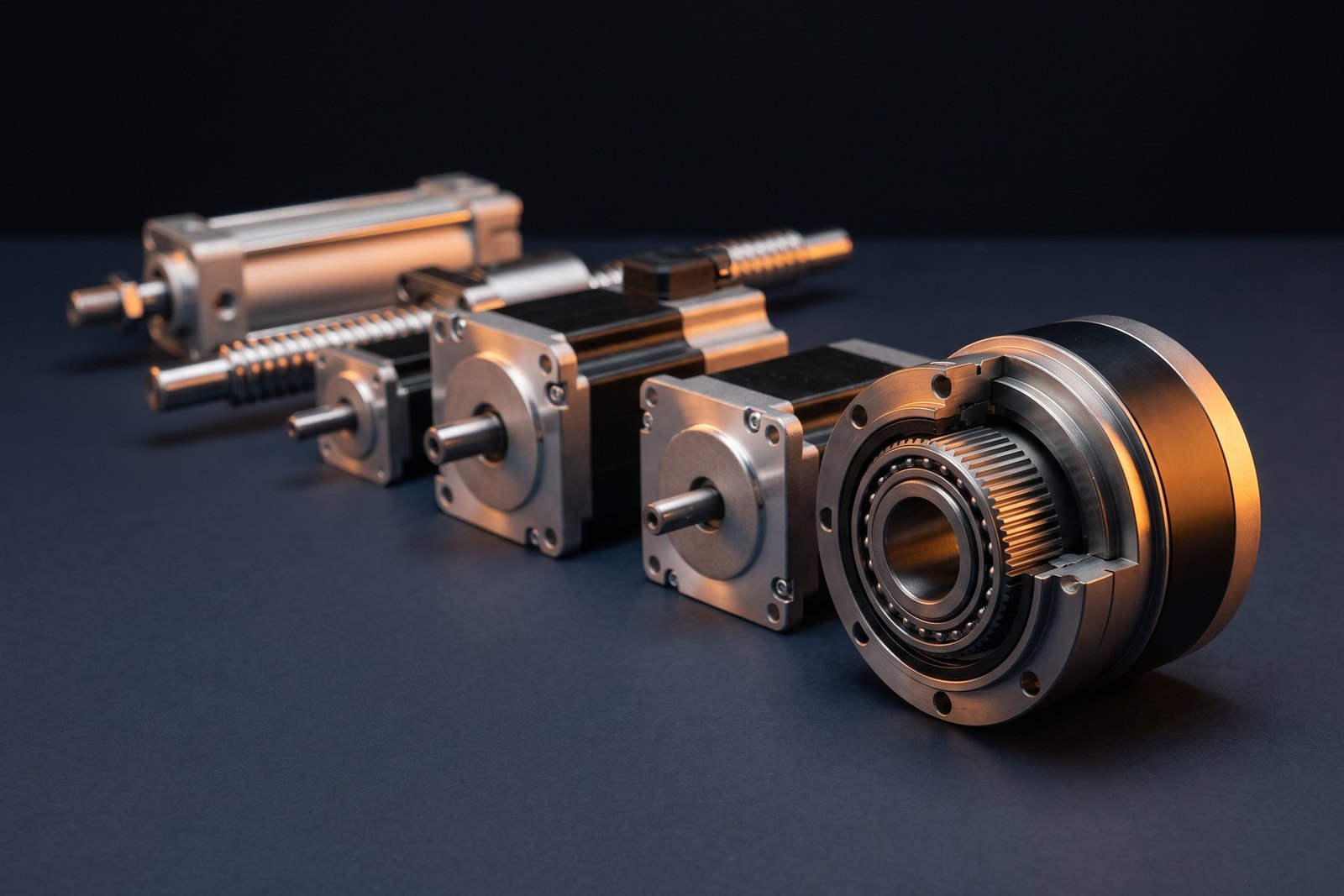 Actuators and motion components arranged on a dark studio surface