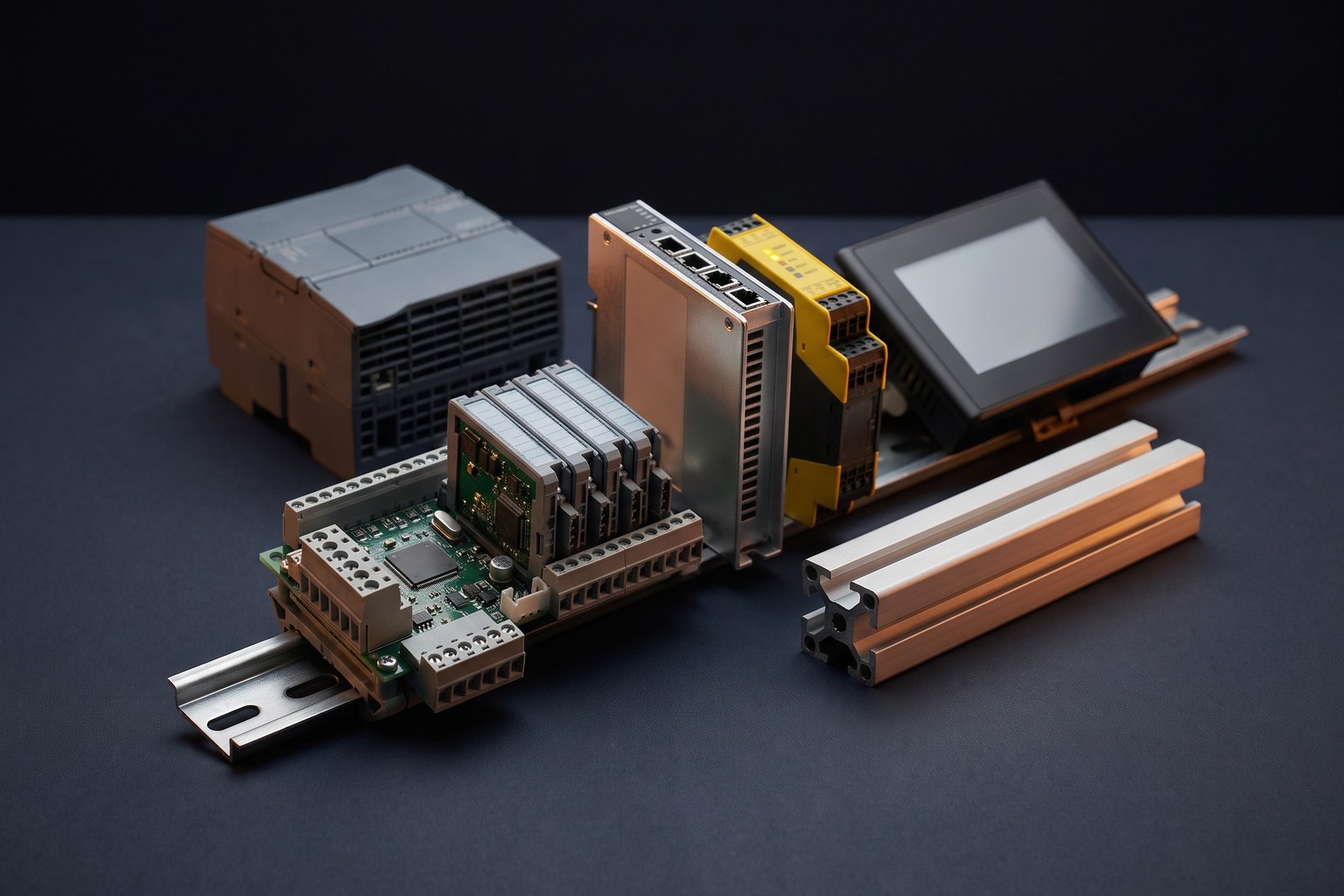Industrial automation and control components arranged on a dark studio surface