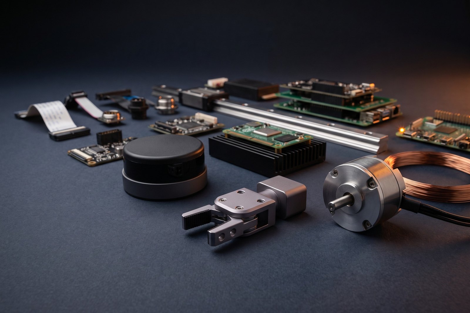 A spread of precision hardware components on a dark surface