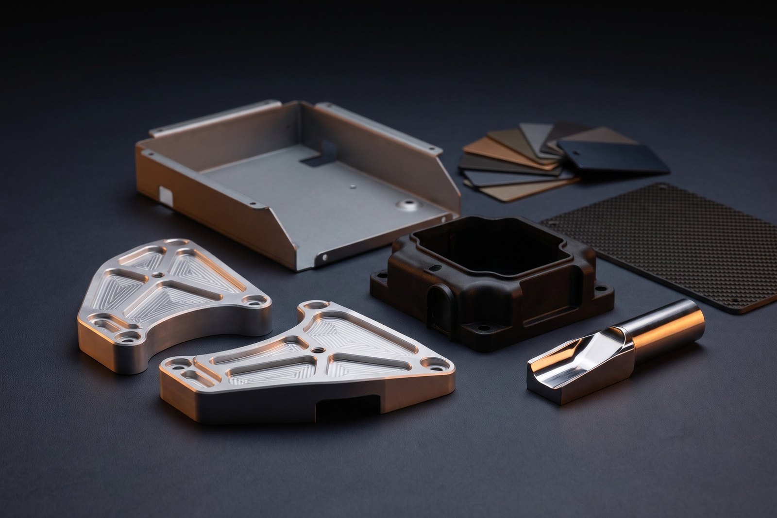 Materials and manufacturing components arranged on a dark studio surface