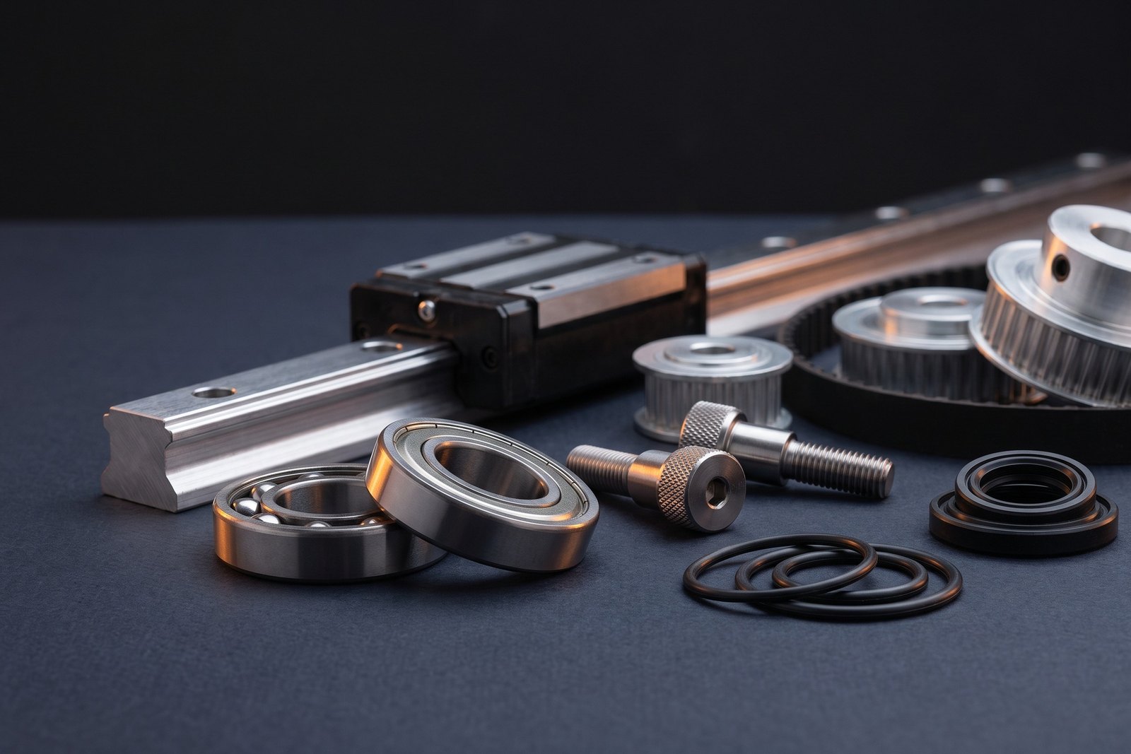 Mechanical hardware components arranged on a dark studio surface