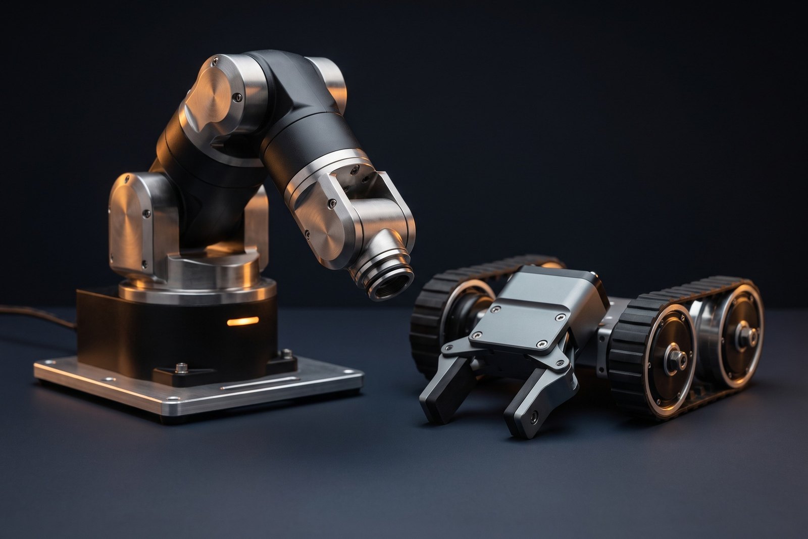 Robots and robotic systems components arranged on a dark studio surface