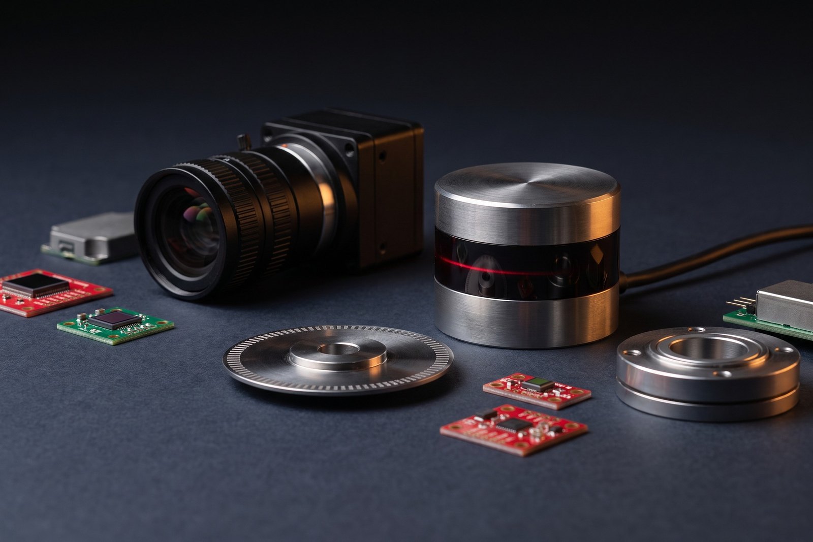 Sensors and perception components arranged on a dark studio surface