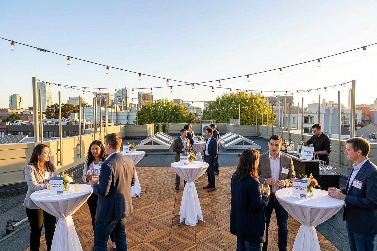 Guests at an evening mixer on the SFbei roof deck
