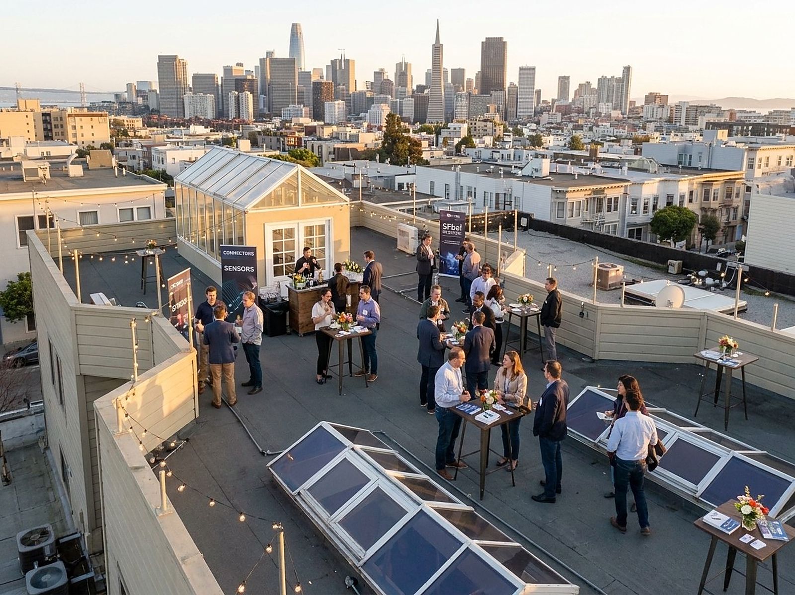 An evening mixer on the roof deck with the skyline behind